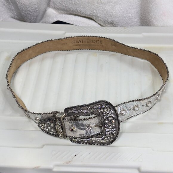 LEATHEROCK Womens Silver Metallic Belt Crystal Embellished Buckle & Studs 34M - Picture 5 of 13